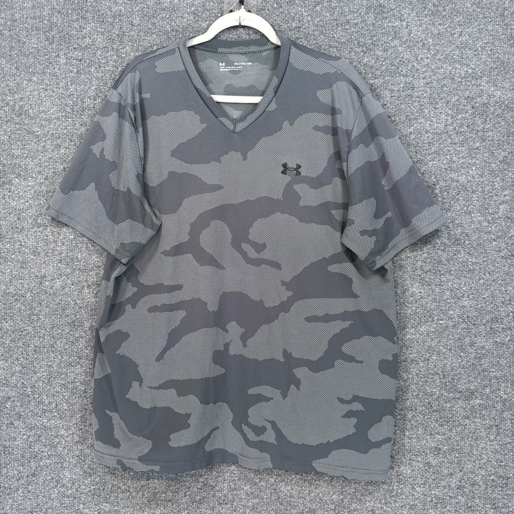 Under Armour Shirt Mens XXL Gray Camo Vneck Loose Fit Performance Athletic Tee